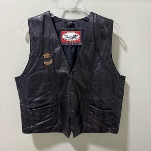 Vintage Harley Davidson Pins on Leather Motorcycle Vest